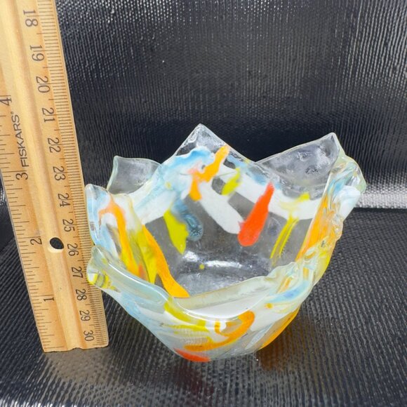 Vintage Hand Made Fused Art Glass Votive Holder Dish Bowl Multicolored Glass VTG - Picture 3 of 8